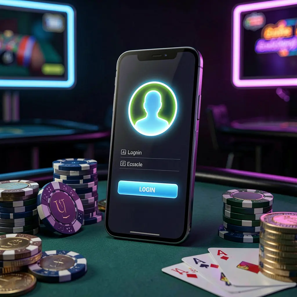 TK234 casino app login scene on smartphone with glowing user profile icon, surrounded by chips, cards, and coins against an elegant dark background with neon highlights TK234 casino app login scene on smartphone with glowing user profile icon, surrounded by chips, cards, and coins against an elegant dark background with neon highlights