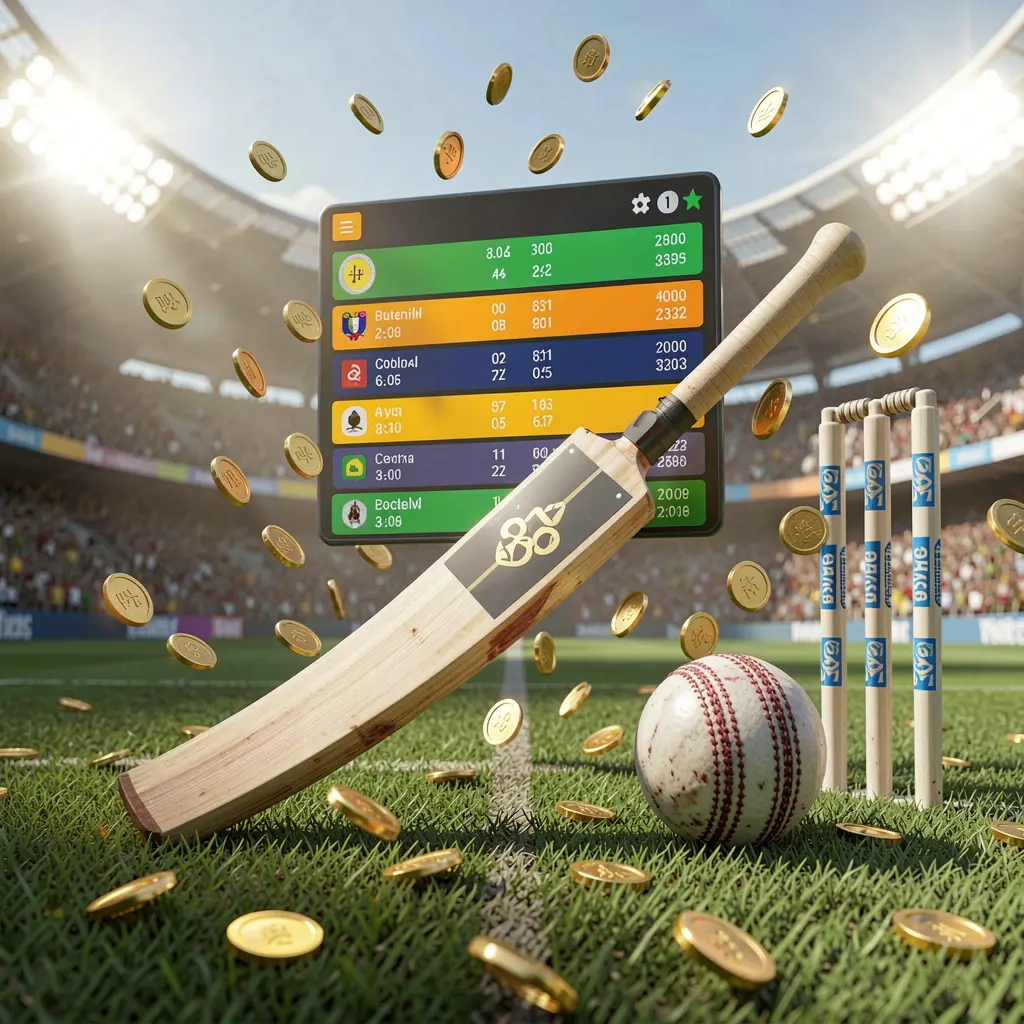 Realistic 3D illustration of a sports betting page by TK234 featuring a cricket bat, cricket ball, and wickets on stadium grass with floating betting odds interface and golden coins flying Realistic 3D illustration of a sports betting page by TK234 featuring a cricket bat, cricket ball, and wickets on stadium grass with floating betting odds interface and golden coins flying