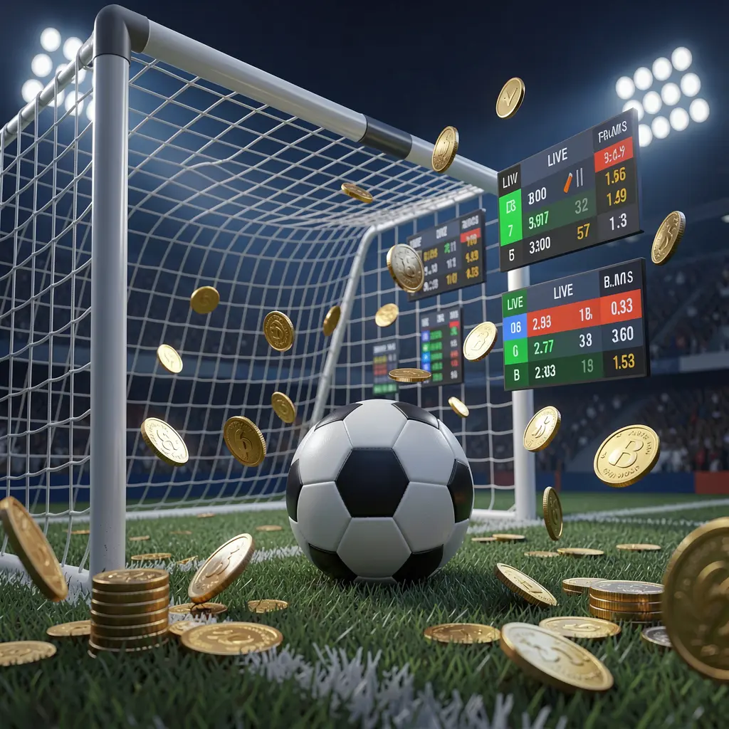 Realistic 3D render of a football goal net with a soccer ball, stadium lights, coins, and floating live score panels on a dark blue premium background, showcasing TK234 sports betting page Realistic 3D render of a football goal net with a soccer ball, stadium lights, coins, and floating live score panels on a dark blue premium background, showcasing TK234 sports betting page