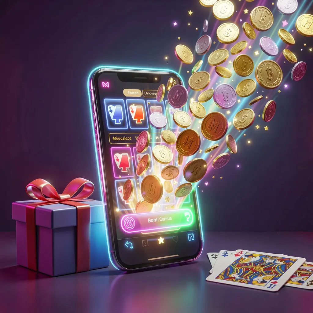 TK234 mobile casino bonus banner featuring a smartphone with coins bursting from the screen, a gift box and playing cards nearby, all illuminated by a bright neon glow in a premium realistic 3D render TK234 mobile casino bonus banner featuring a smartphone with coins bursting from the screen, a gift box and playing cards nearby, all illuminated by a bright neon glow in a premium realistic 3D render