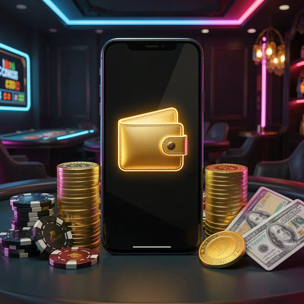 TK234 online casino deposit bonus concept featuring a smartphone screen with a glowing wallet icon surrounded by stacks of golden coins, poker chips, and bank cards on a dark luxury background with neon highlights in a realistic 3D style TK234 online casino deposit bonus concept featuring a smartphone screen with a glowing wallet icon surrounded by stacks of golden coins, poker chips, and bank cards on a dark luxury background with neon highlights in a realistic 3D style