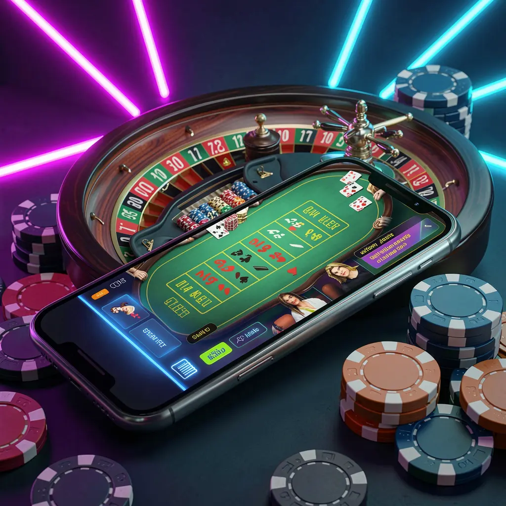 TK234 online casino platform concept with a smartphone displaying a glowing casino interface, surrounded by a roulette wheel and poker chips on a premium neon background TK234 online casino platform concept with a smartphone displaying a glowing casino interface, surrounded by a roulette wheel and poker chips on a premium neon background