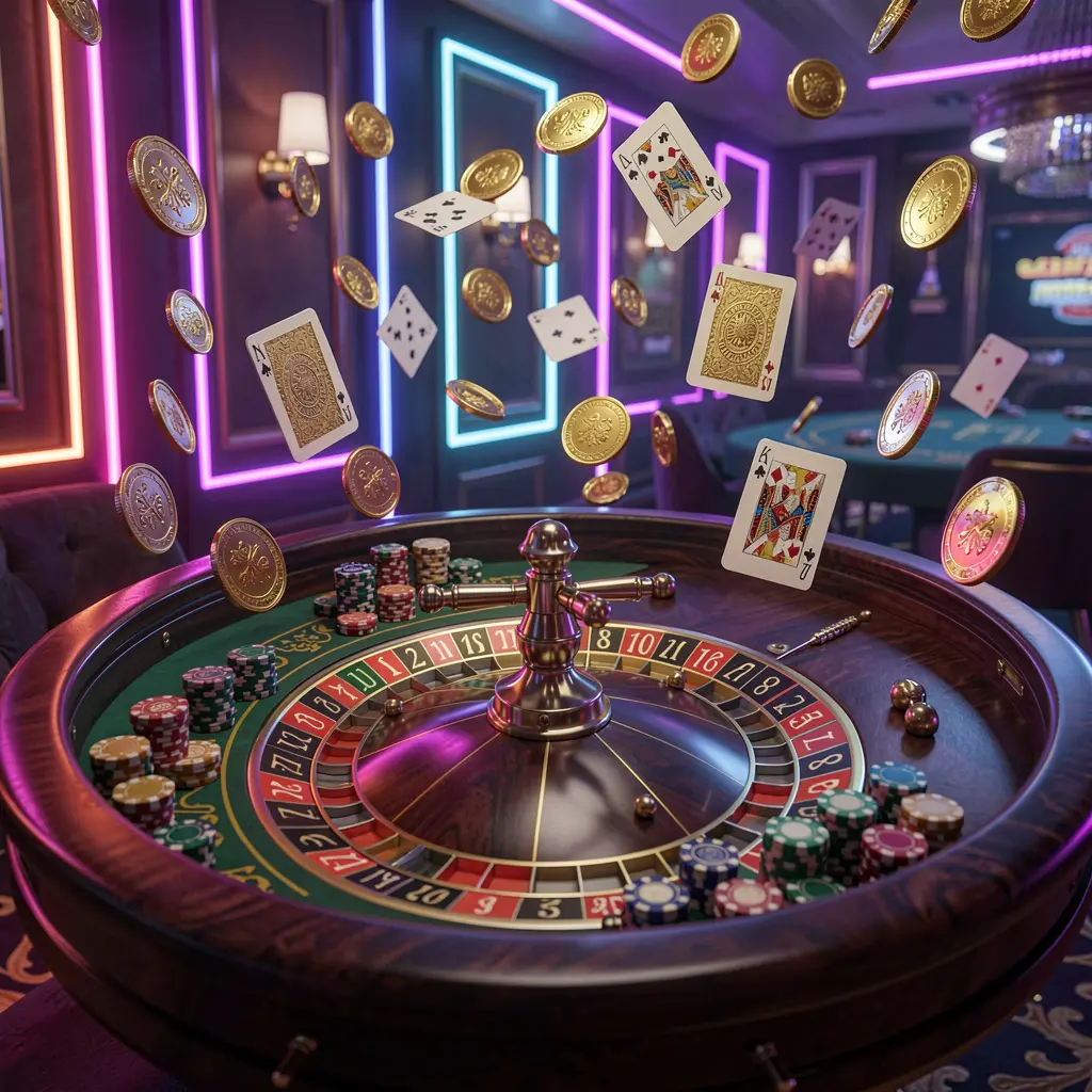 Elegant roulette table with chips, cards, and golden coins flying in the air under dramatic neon lighting, showcasing TK234 premium casino gaming in a high detail 3D render Elegant roulette table with chips, cards, and golden coins flying in the air under dramatic neon lighting, showcasing TK234 premium casino gaming in a high detail 3D render