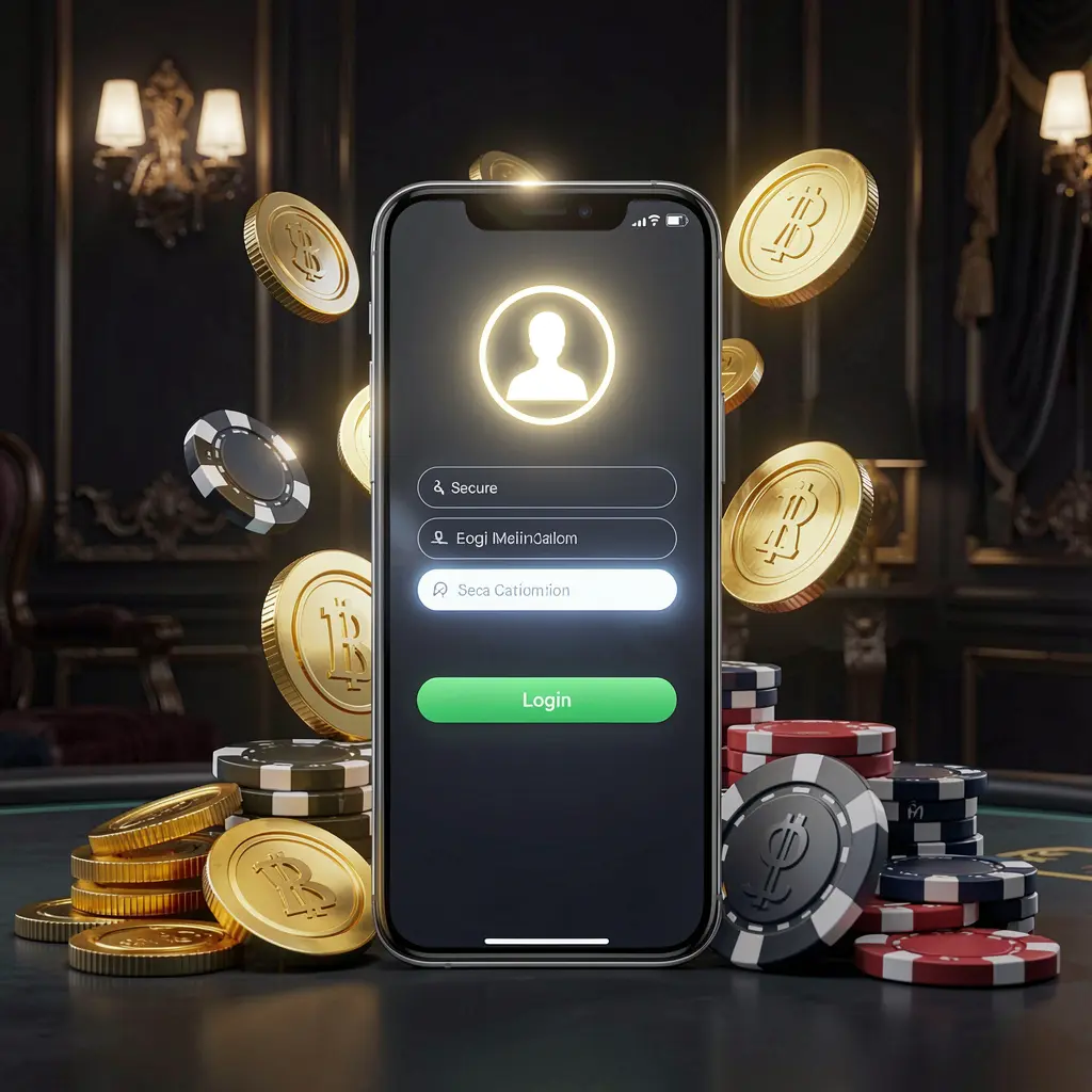 TK234 online casino login page hero banner featuring a modern smartphone with a secure login screen, glowing user profile icon, golden coins and poker chips on a dark luxury background TK234 online casino login page hero banner featuring a modern smartphone with a secure login screen, glowing user profile icon, golden coins and poker chips on a dark luxury background