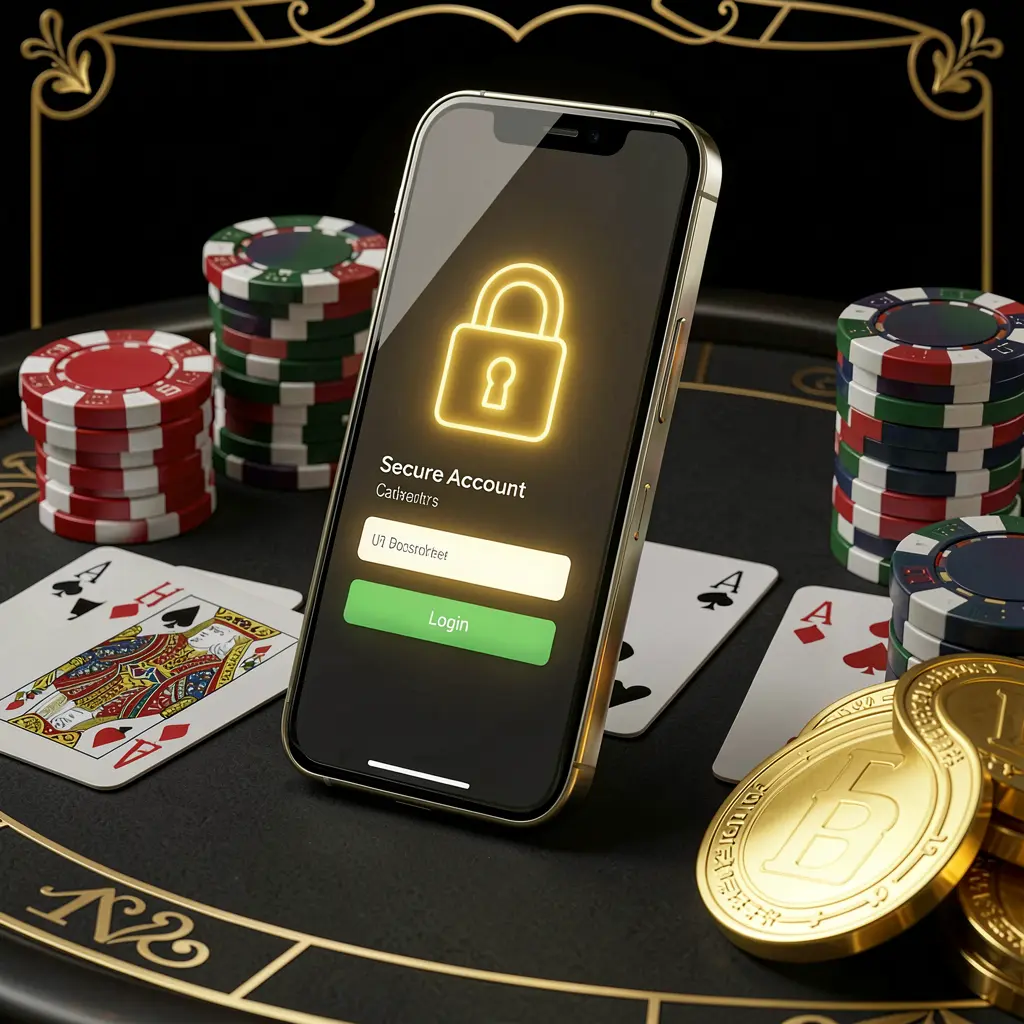 TK234 secure casino account login concept with glowing lock icon on smartphone screen surrounded by poker chips, playing cards, and golden coins on an elegant black and gold background TK234 secure casino account login concept with glowing lock icon on smartphone screen surrounded by poker chips, playing cards, and golden coins on an elegant black and gold background