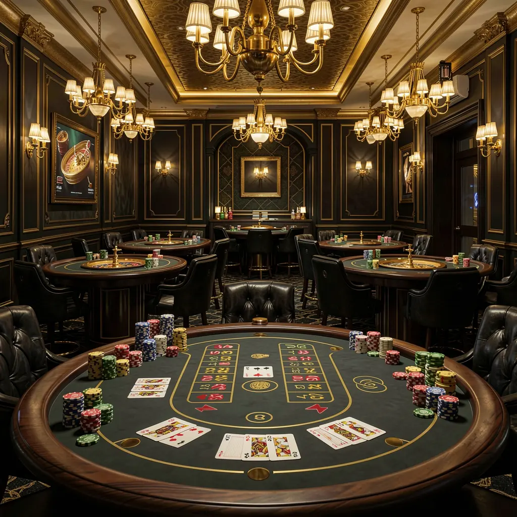 TK234 luxury online casino lobby with glowing roulette tables, golden lights, poker chips, and cards in a premium black and gold design TK234 luxury online casino lobby with glowing roulette tables, golden lights, poker chips, and cards in a premium black and gold design